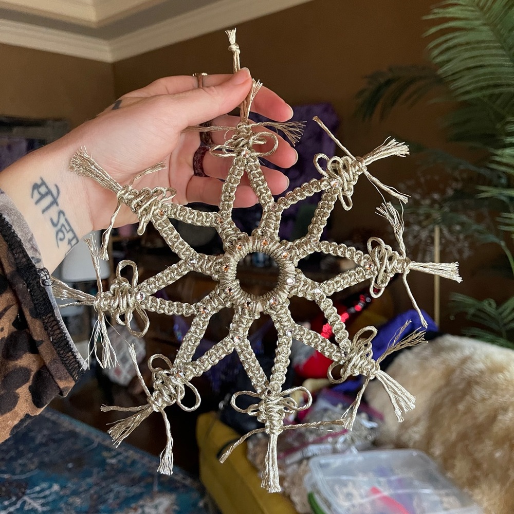 Handmade Macramé Metallic Silver Snowflake